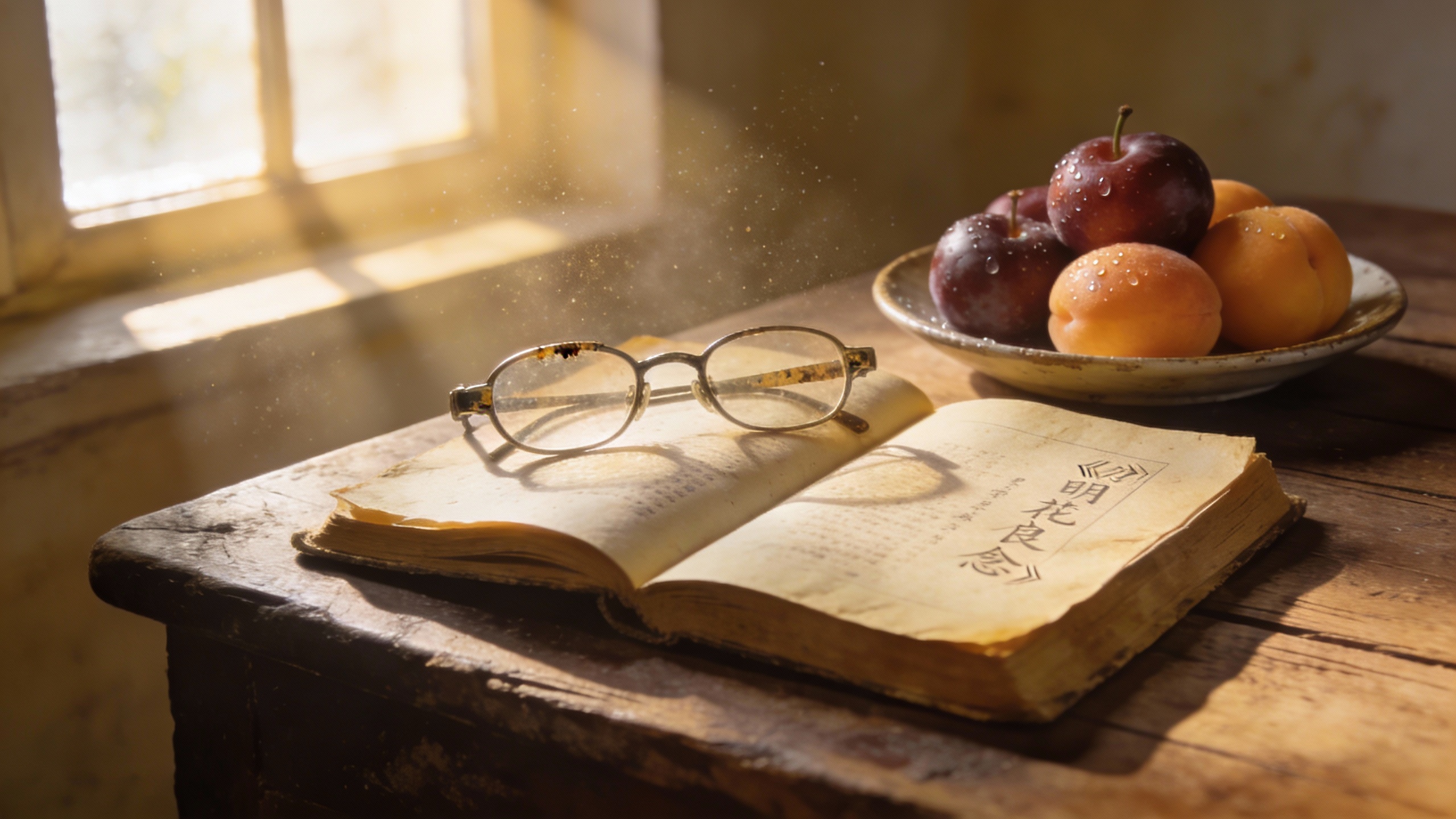 一张古朴的书桌上,放着一本翻开的旧书(模拟《朝花夕拾》)、一副老花镜,旁边有一碟新鲜的李子和杏子。一道晨光从左侧窗户斜射进来,照亮空气中细微的尘埃,整体色调是暖黄色,充满宁静的怀旧文学氛围。