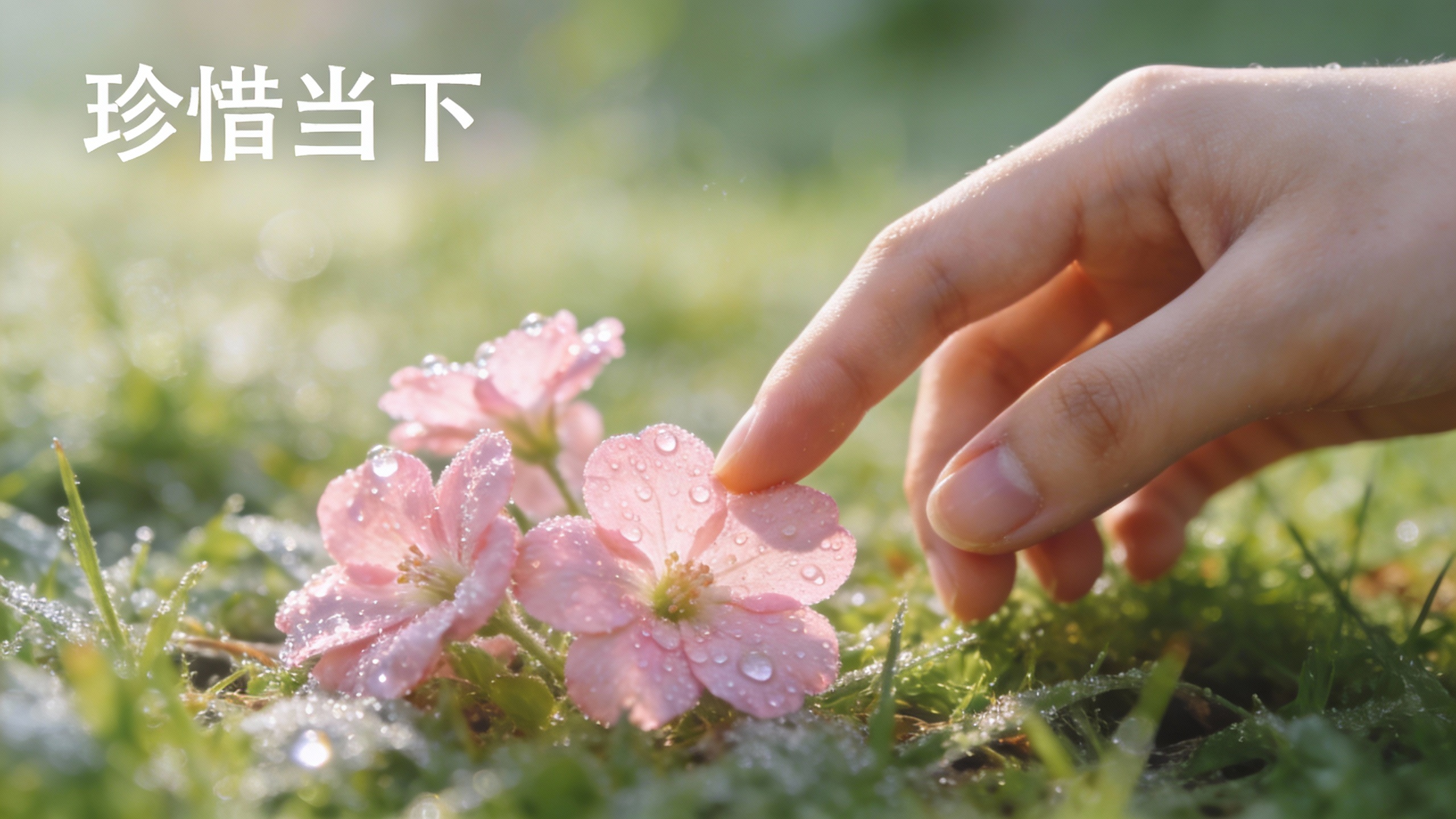 一只女性的手,轻轻拾起地上几朵带有晨露的粉色小花,背景是虚化的绿色草地和清晨柔和的阳光。画面焦点在花朵和手指的触碰上,色调清新明亮,充满温柔、治愈和希望的感觉,象征“珍惜当下”的即时美好。